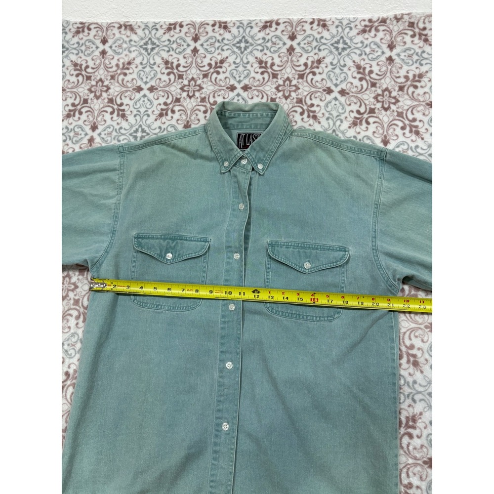 Vintage At Last New York Mens Medium Green Cotton Denim Button Down Shirt
